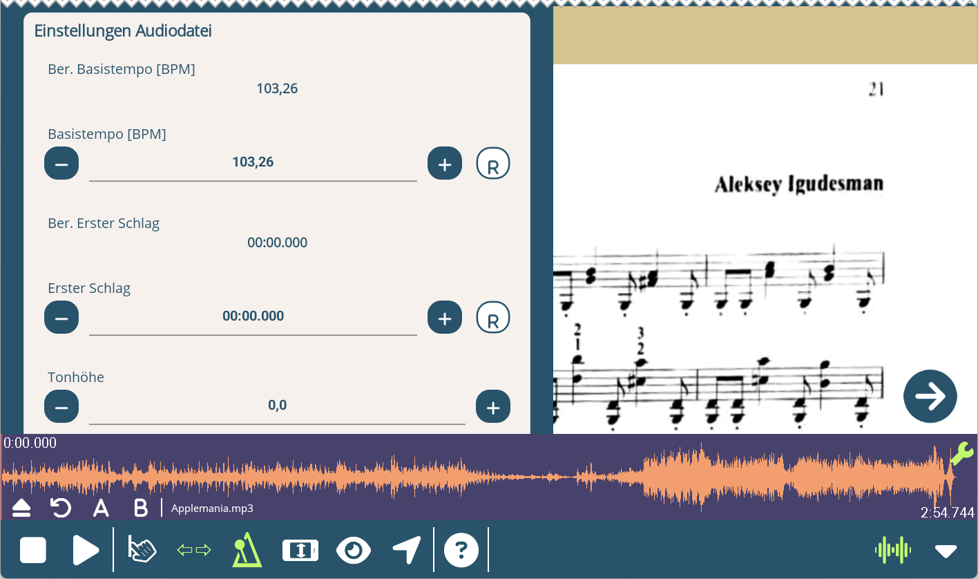 Screenshot der Anpassung von Tempo und Timing