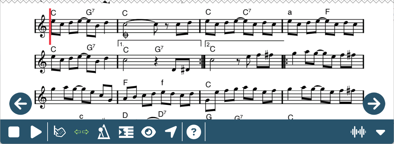 Screenshot des Bildschirms für das Scrollen nach Notenzeilen