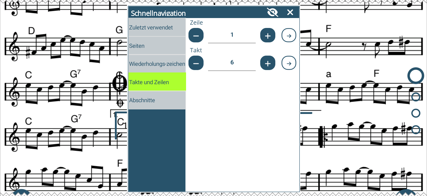 Screenshot des Bildschirms zur Navigation zu einer bestimmten Notenzeile oder einem bestimmten Takt