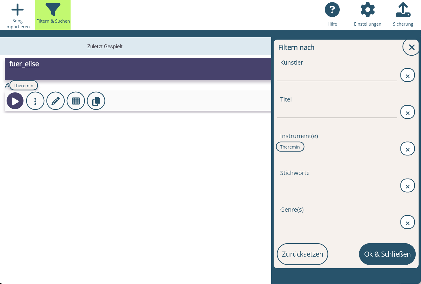 Screenshot: Nach Instrument filtern
