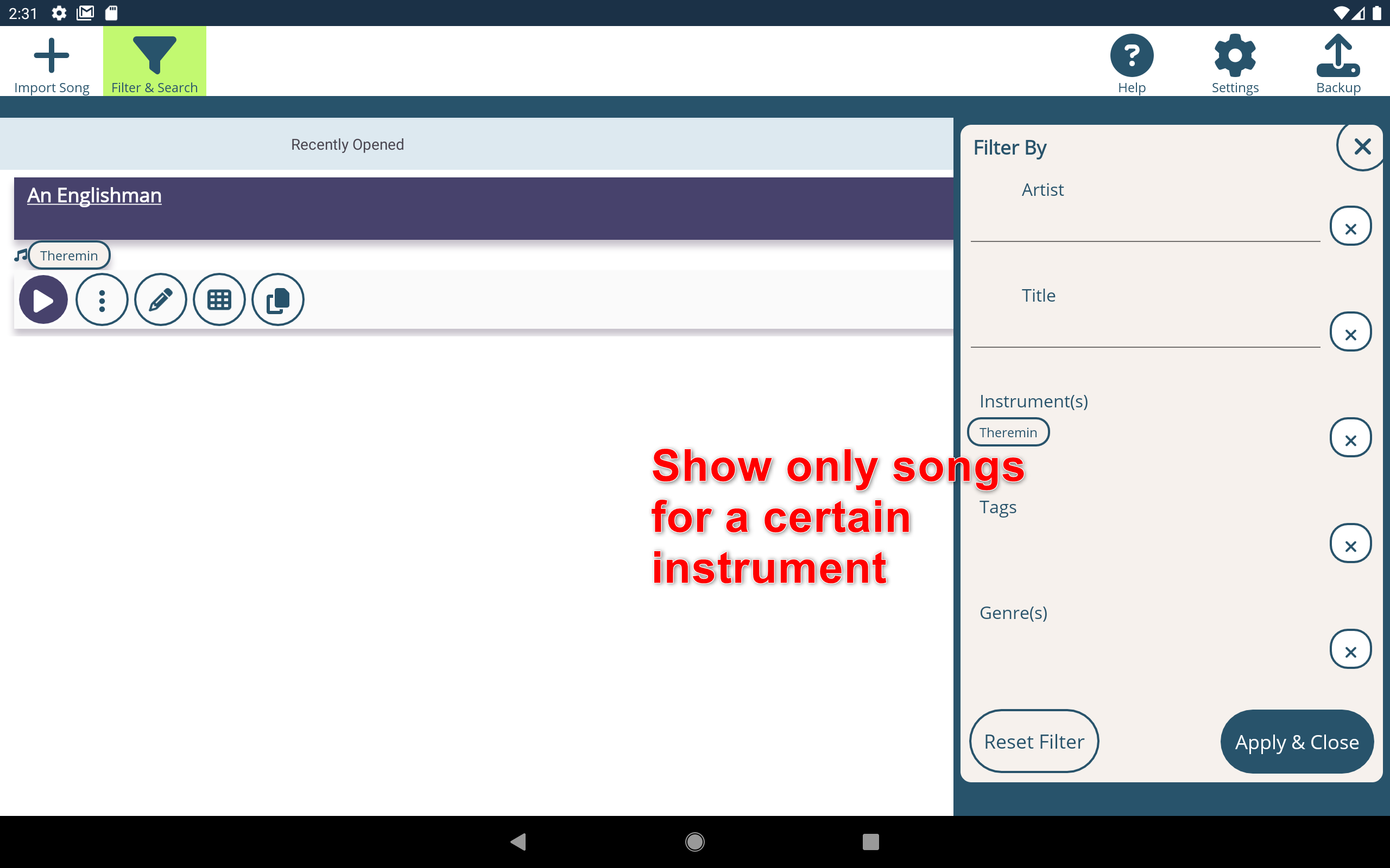 Filter by Instrument Screenshot