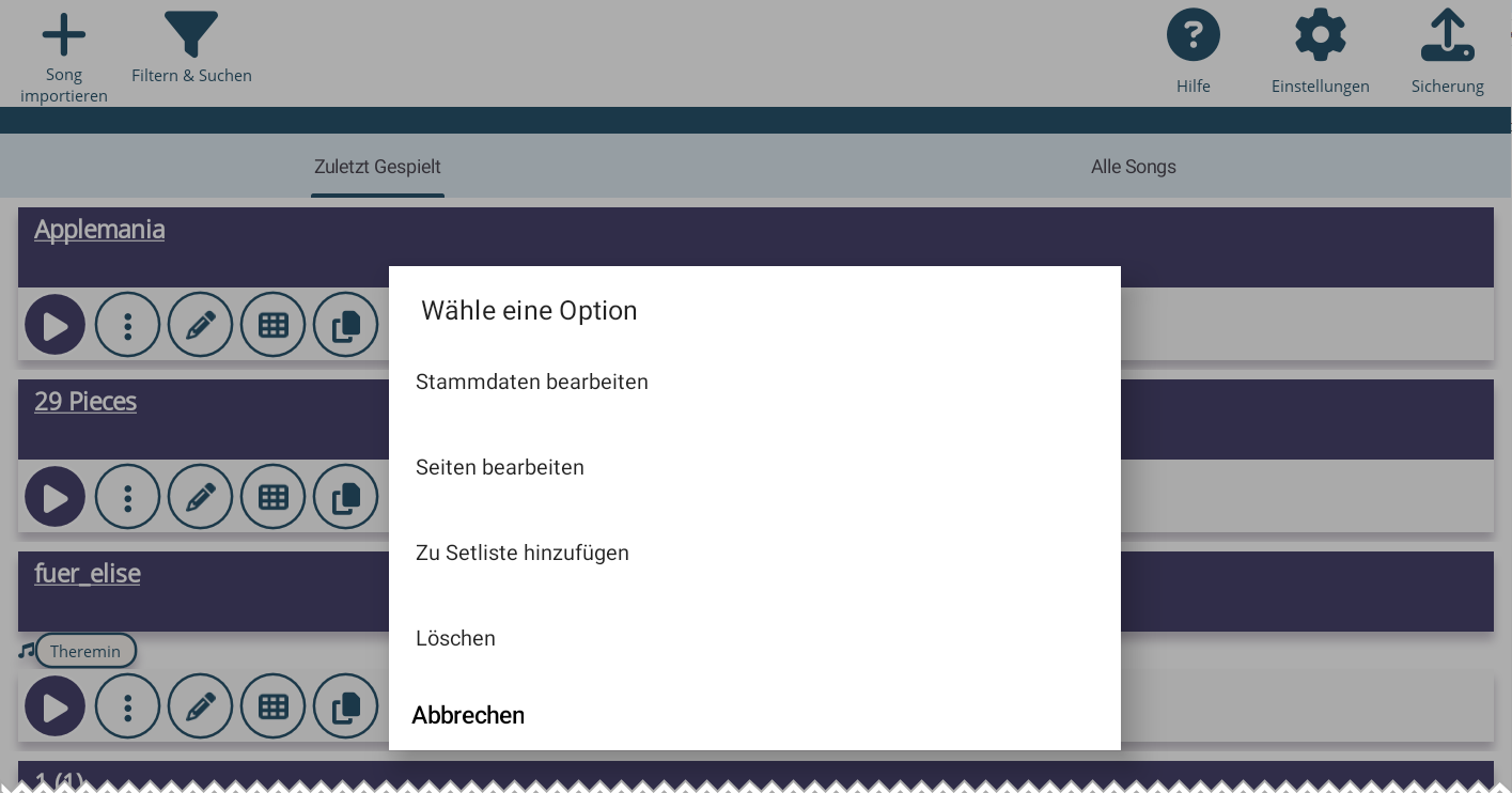 Screenshot der Schaltfläche zum Erstellen einer Setlist
