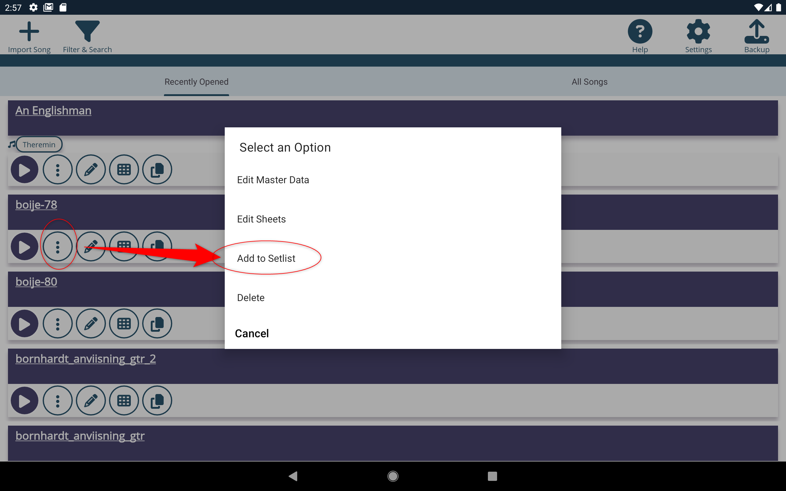 Create Setlist Button Screenshot