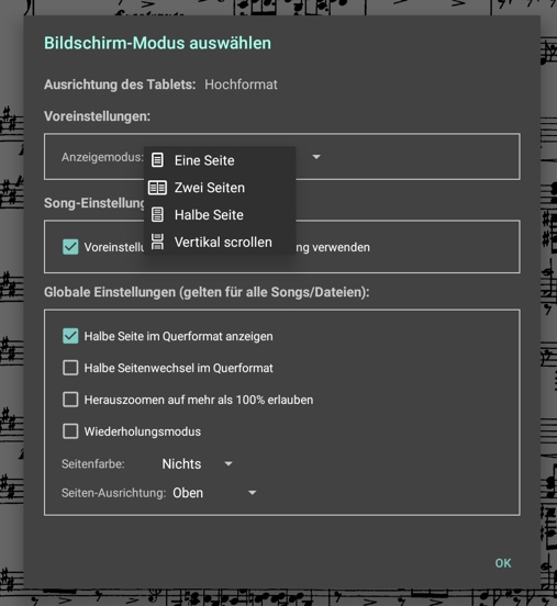 Ansichtseinstellungen MobileSheets